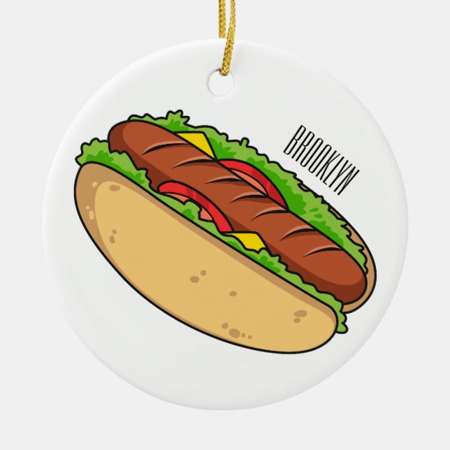 Hot dog cartoon illustration ceramic tree decoration (Front)
