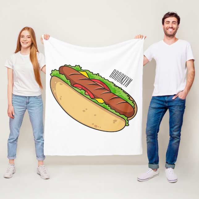 Hot dog cartoon illustration fleece blanket (In Situ)