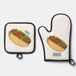 Hot dog cartoon illustration oven mitt & pot holder set