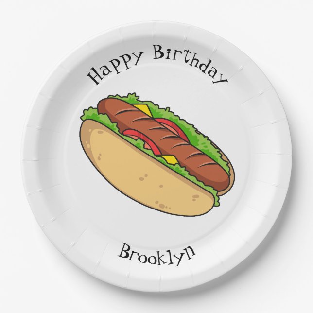 Hot dog cartoon illustration paper plate (Front)
