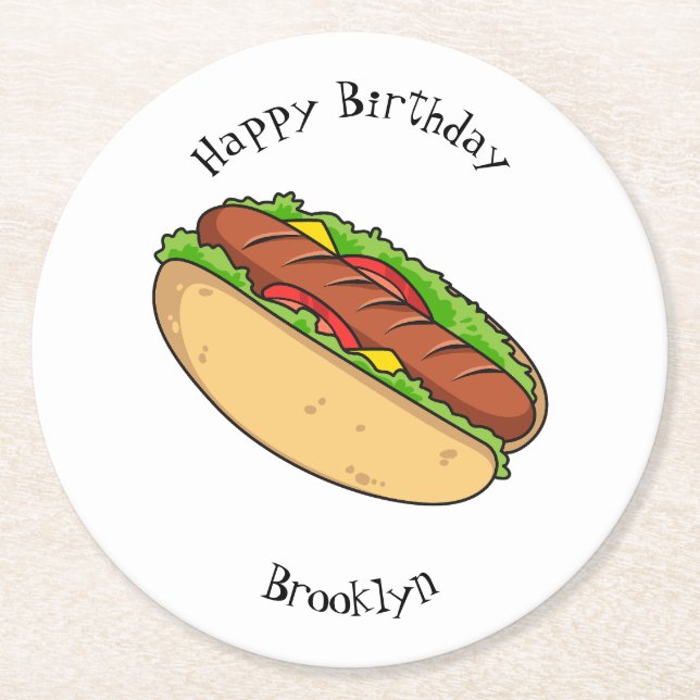 Hot dog cartoon illustration round paper coaster (Front)