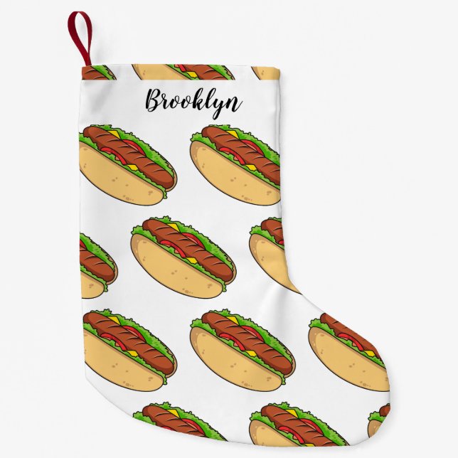 Hot dog cartoon illustration small christmas stocking (Front)