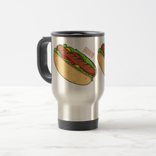 Hot dog cartoon illustration travel mug (Front Left)