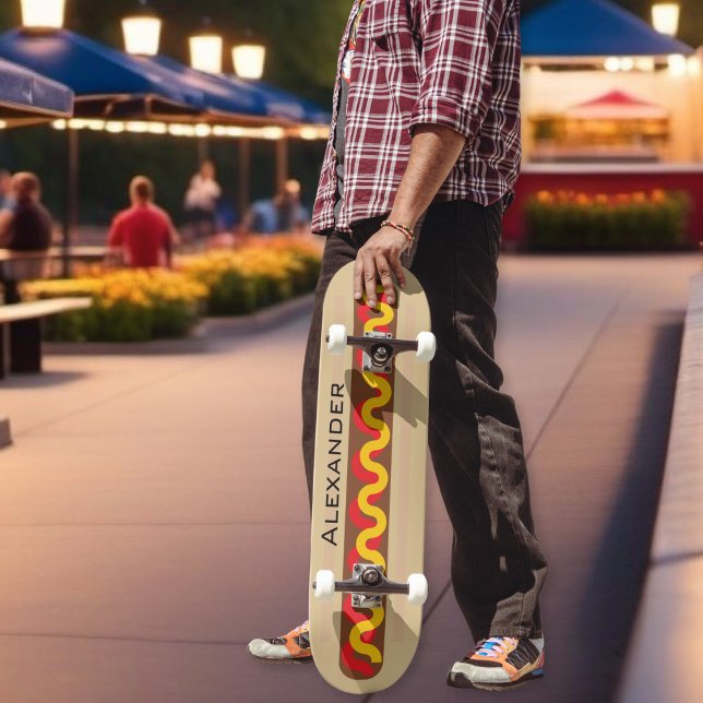 Hot Dog Colourful Food Personalised Name Skateboard (A personalized skateboard, designed like a giant hot dog)