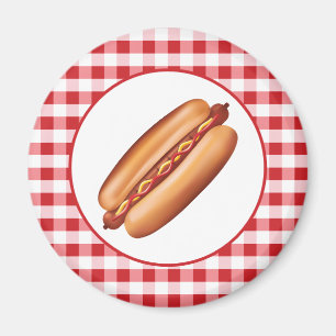 Hot Dog Fast Food Illustration On Red Gingham Magnet