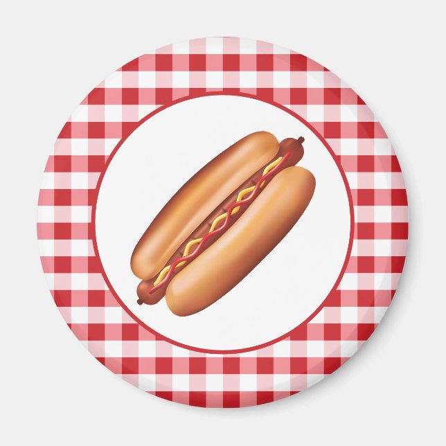 Hot Dog Fast Food Illustration On Red Gingham Magnet (Front)