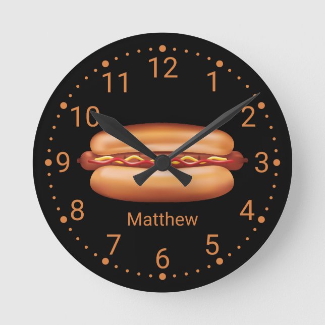 Hot Dog Fast Food Illustration With Custom Name Round Clock (Front)