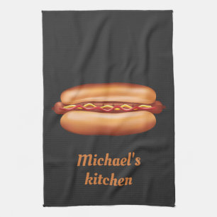 Hot Dog Fast Food Illustration With Custom Text Tea Towel