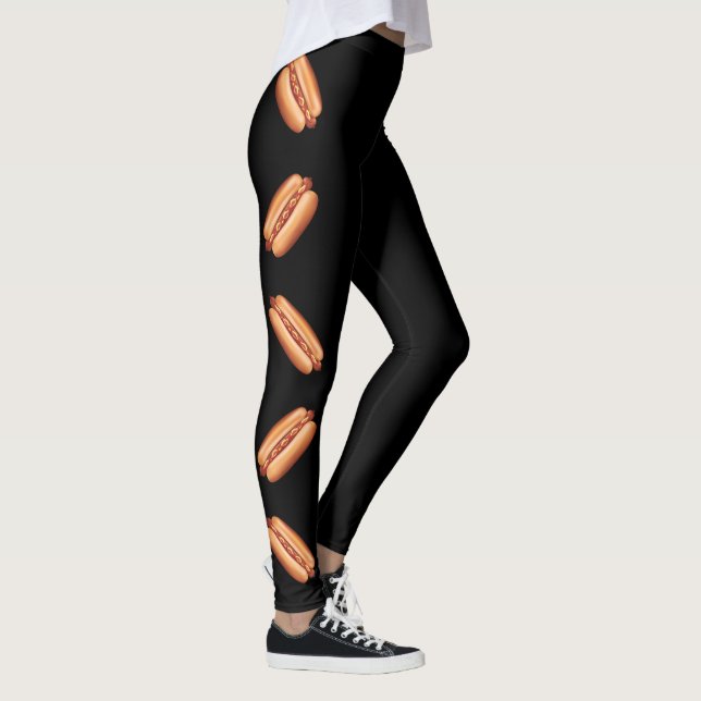 Hot Dog Fast Food Illustrations On Black Leggings (Right)