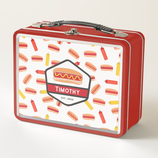 Hot Dog Fast Food Pattern Retro Monogram Metal Lunch Box (Front)