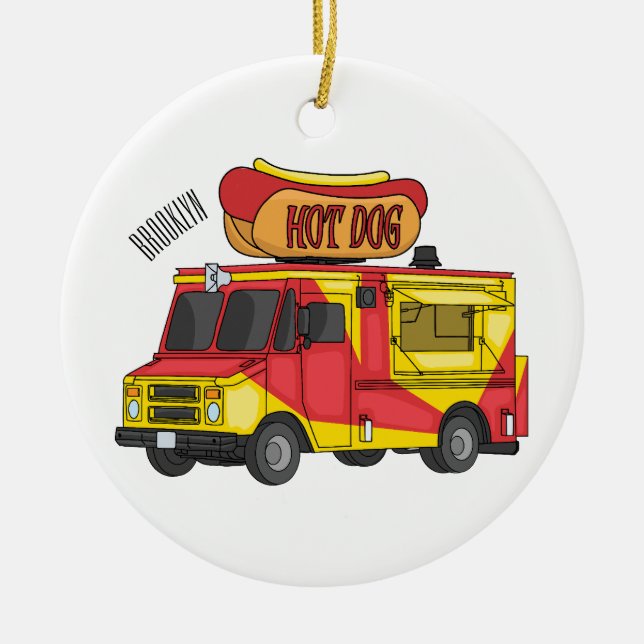 Hot dog food truck cartoon illustration ceramic tree decoration (Front)