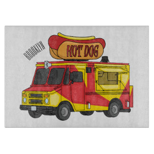 Hot dog food truck cartoon illustration cutting board