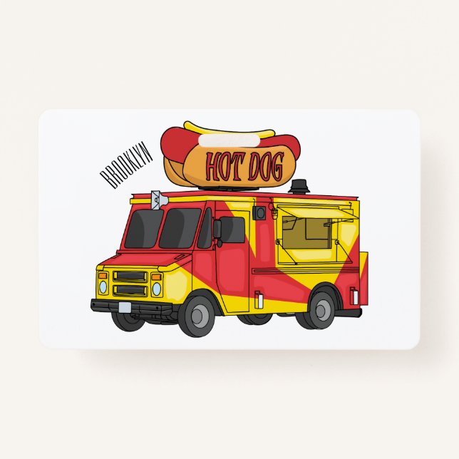 Hot dog food truck cartoon illustration ID badge (Front)