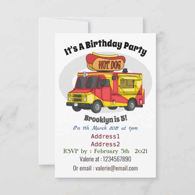 Hot dog food truck cartoon illustration  invitation (Front)