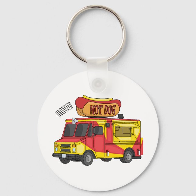 Hot dog food truck cartoon illustration key ring (Front)