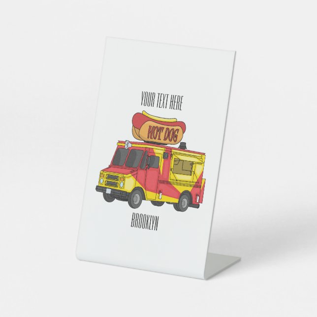 Hot dog food truck cartoon illustration pedestal sign (Front)