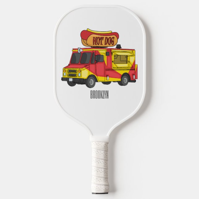 Hot dog food truck cartoon illustration pickleball paddle (Front)