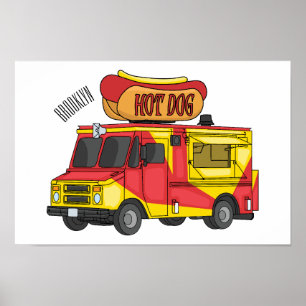 Hot dog food truck cartoon illustration poster