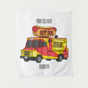 Hot dog food truck cartoon illustration tapestry