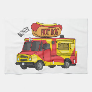 Hot dog food truck cartoon illustration  tea towel
