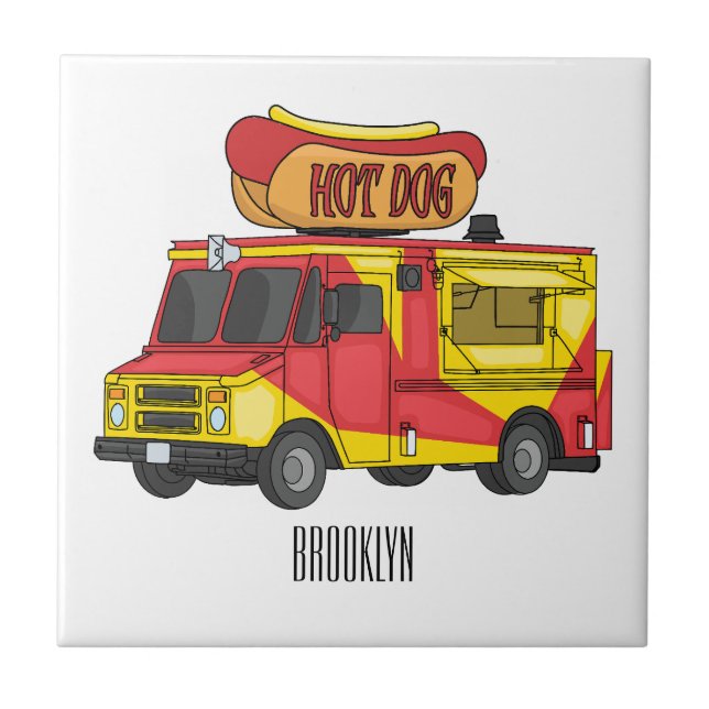 Hot dog food truck cartoon illustration tile (Front)
