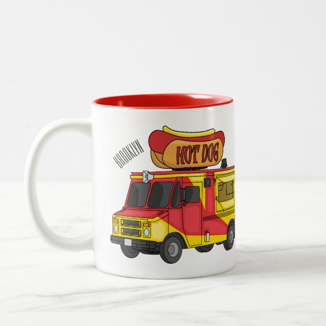 Hot dog food truck cartoon illustration  Two-Tone coffee mug (Left)