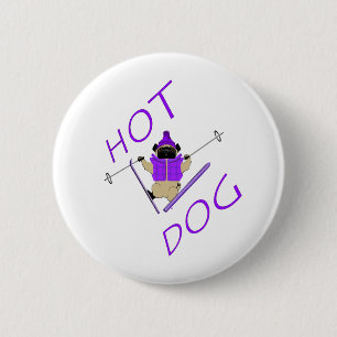 Hot Dog Funny Skiing Pug Purple Jacket and Skis 6 Cm Round Badge