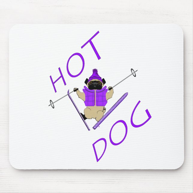 Hot Dog Funny Skiing Pug Purple Jacket and Skis Mouse Mat (Front)