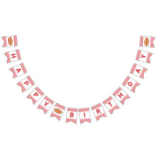 Hot Dog Grill Food On Red Gingham Happy Birthday Bunting