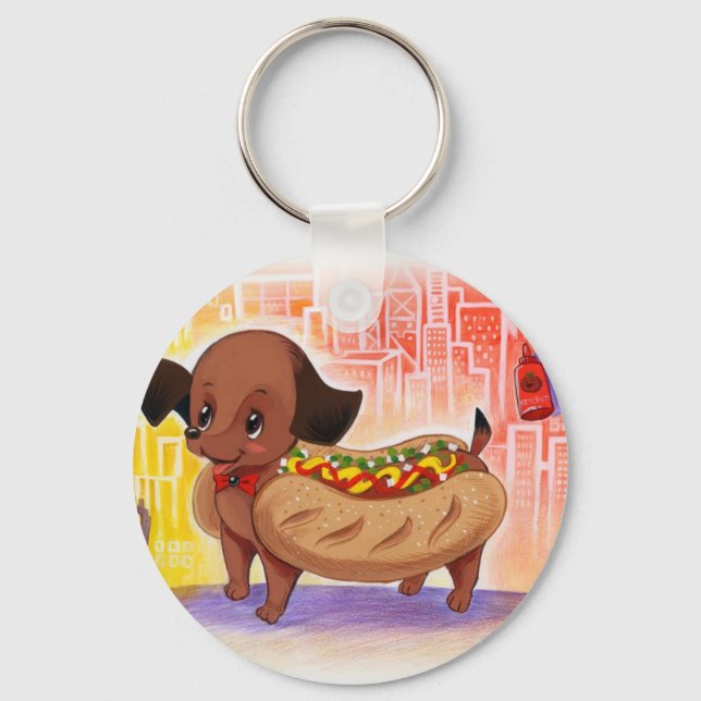 Hot Dog In The City Kitschy Cute Key Ring (Front)