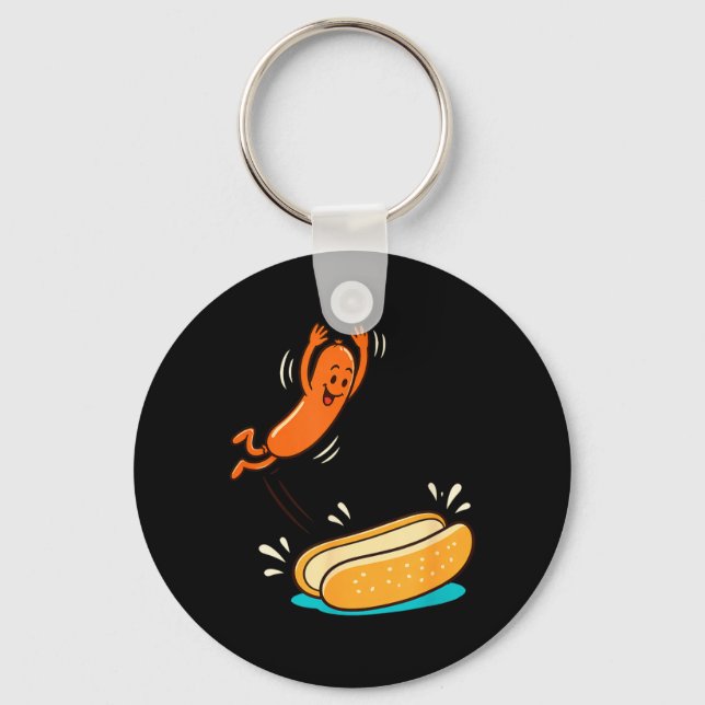 Hot Dog Jumping Into Bun Sausage Bbq High Dive Key Ring (Front)