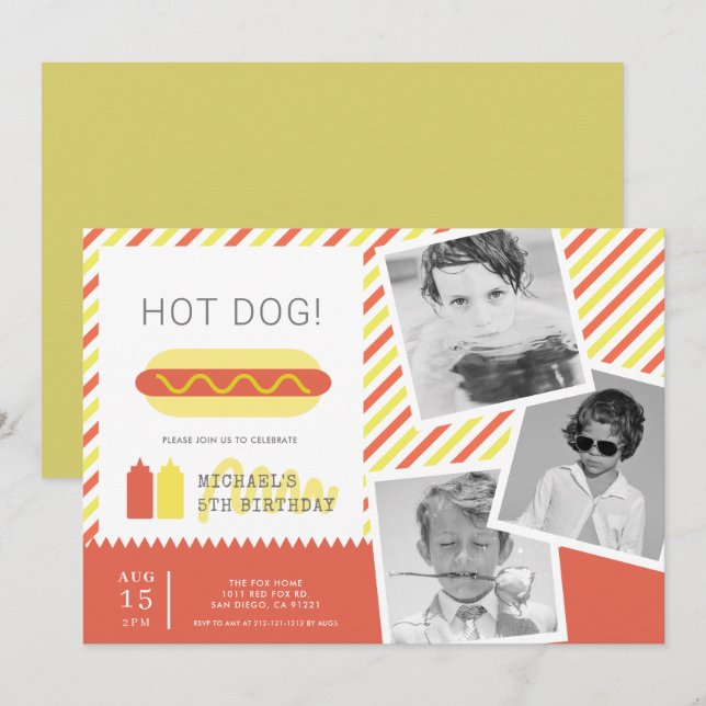 HOT DOG! Modern Kids Photo Collage Birthday Invita Invitation (Front/Back)