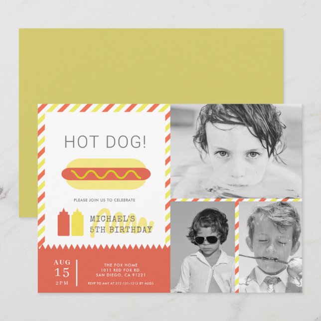 HOT DOG! Modern Kids Photo Collage Birthday Invitation (Front/Back)