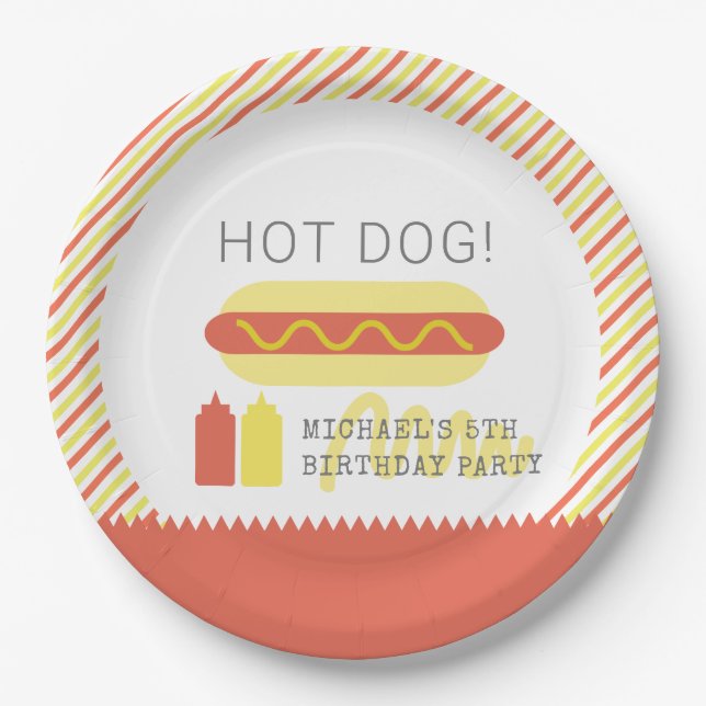 HOT DOG! Modern Red & Yellow Birthday Paper Plate (Front)