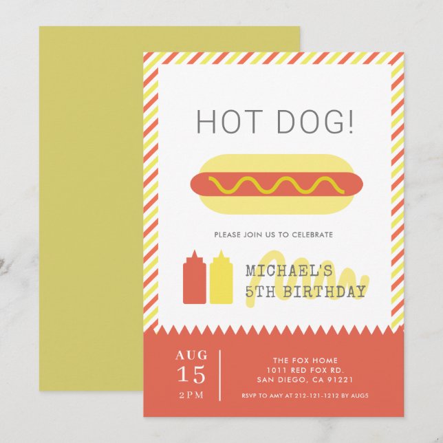 HOT DOG! Modern Red & Yellow Kids Birthday Invitation (Front/Back)