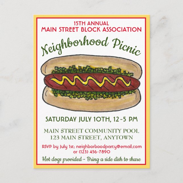 Hot Dog Neighbourhood Reunion Picnic Cookout Party Invitation Postcard (Front)
