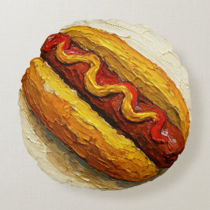 Hot Dog Oil Painting (#1) Round Cushion