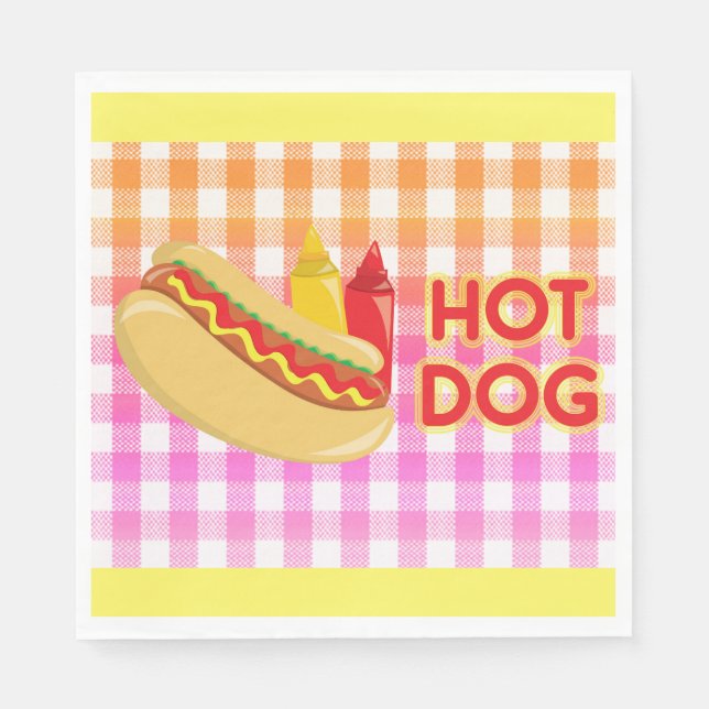 Hot Dog on Gingham Picnic Tablecloth w/ Condiments Napkin (Front)