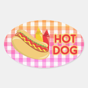 Hot Dog on Gingham Picnic Tablecloth w/ Condiments Oval Sticker