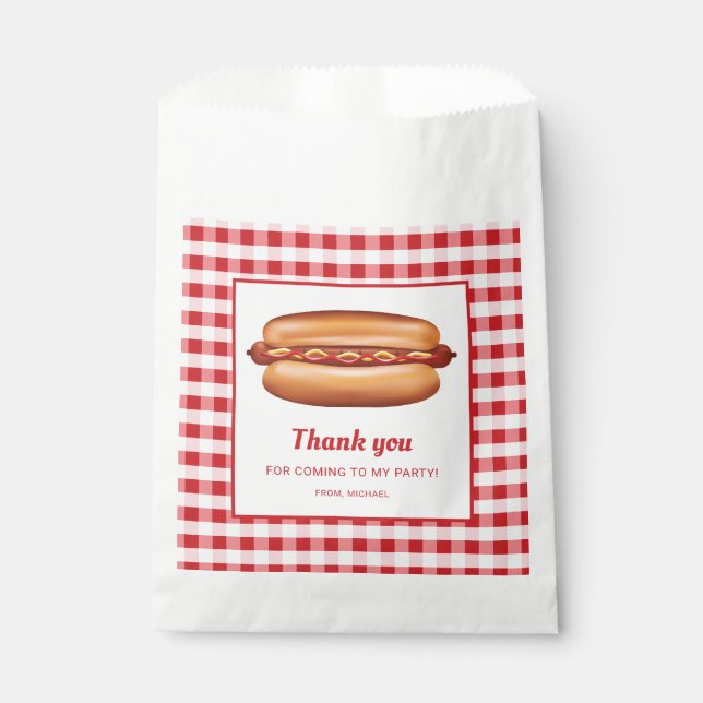 Hot Dog On Red Gingham Birthday Thank You Favour Bags (Front)