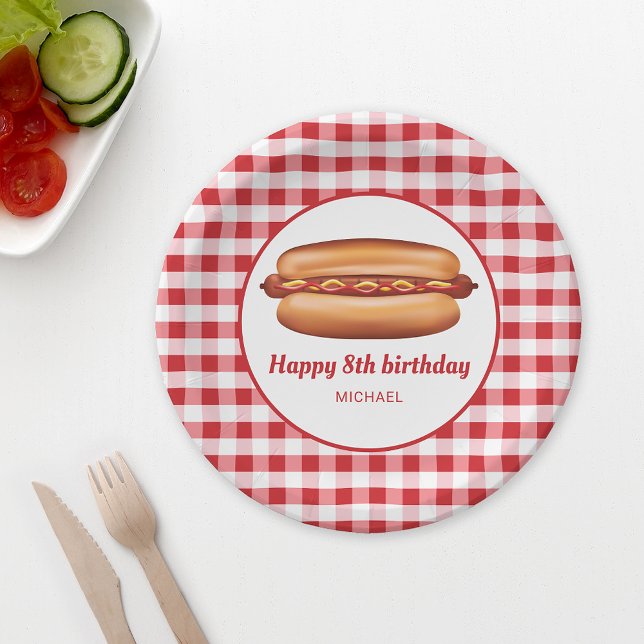 Hot Dog On Red Gingham Pattern Happy Birthday Paper Plate (Ideal for birthday parties, backyard barbecues, family reunions or picnics, for example.)