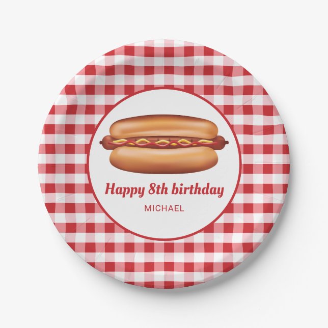 Hot Dog On Red Gingham Pattern Happy Birthday Paper Plate (Front)