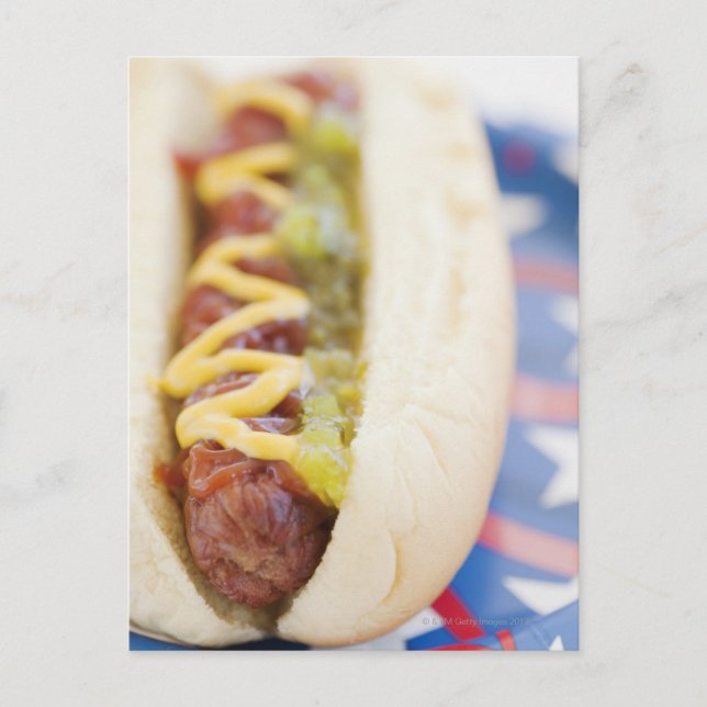 Hot Dog on Red, White, and Blue Plate Postcard (Front)