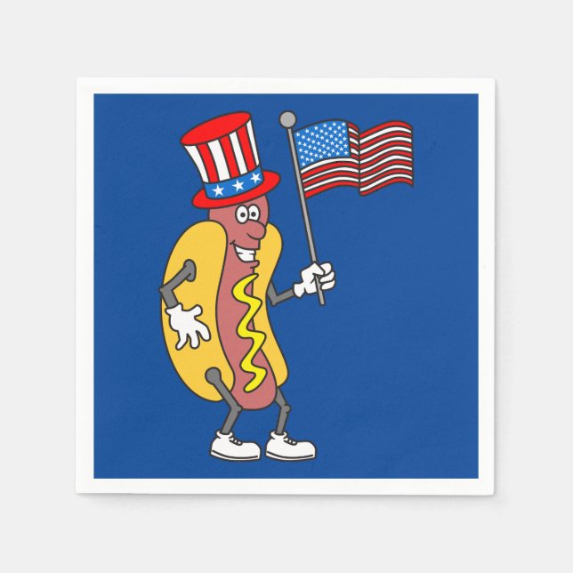 Hot Dog Patriotic Holding US Flag July 4th Napkin (Front)