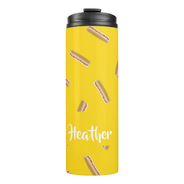 Hot dog pattern on yellow thermal tumbler (Front)