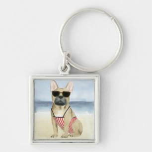Hot Dog   Puppy In Sunglasses At The Beach Key Ring