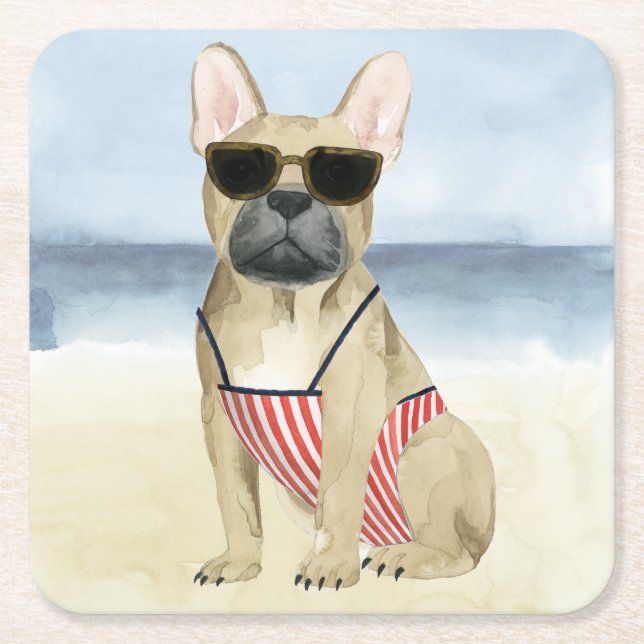 Hot Dog | Puppy In Sunglasses At The Beach Square Paper Coaster (Front)