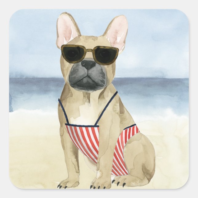 Hot Dog | Puppy In Sunglasses At The Beach Square Sticker (Front)
