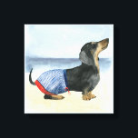 Hot Dog | Puppy In Swimming Trunks Canvas Print<br><div class="desc">This watercolor print features a dog in swimming trunks enjoying the beach | By Grace Popp. Image ID: 122224D</div>