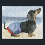 Hot Dog | Puppy In Swimming Trunks Jigsaw Puzzle<br><div class="desc">This watercolor print features a dog in swimming trunks enjoying the beach | By Grace Popp. Image ID: 122224D</div>